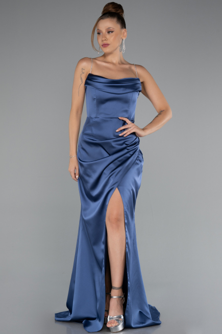 Abendkleid im Meerjungfrau-Stil Lang Satin Indigo ABU5149