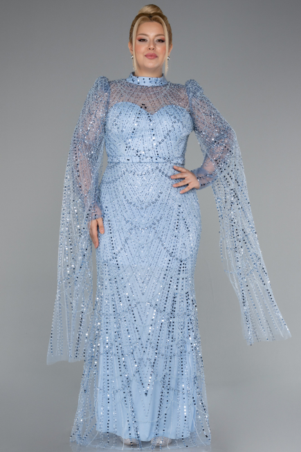 Abendkleid Lang Perlenbesetzt Eisblau ABU5152