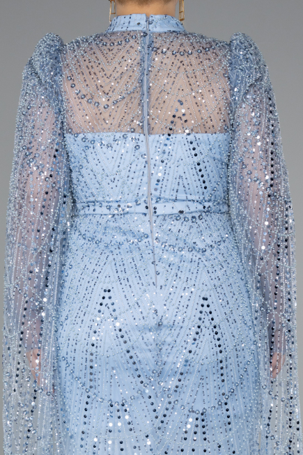Abendkleid Lang Perlenbesetzt Eisblau ABU5152