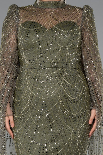 Abendkleid Lang Perlenbesetzt Khaki ABU5152