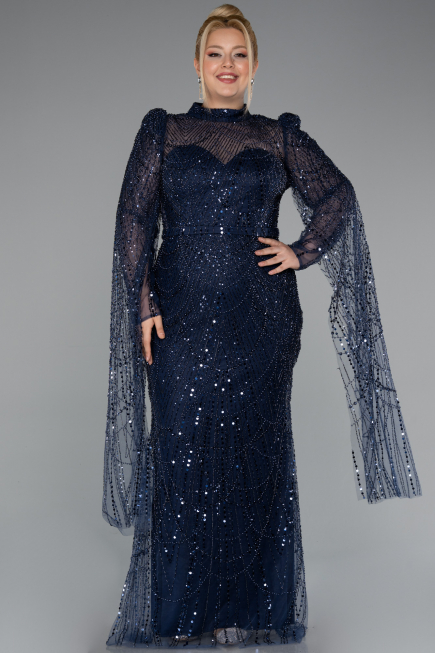 Abendkleid Lang Perlenbesetzt Marineblau ABU5152