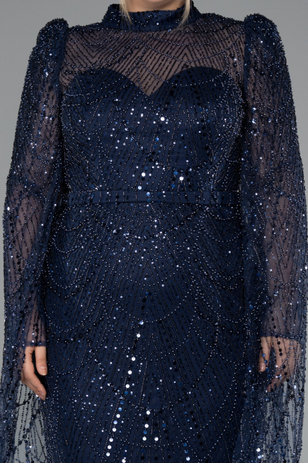 Abendkleid Lang Perlenbesetzt Marineblau ABU5152