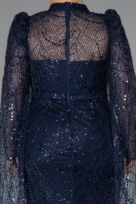 Abendkleid Lang Perlenbesetzt Marineblau ABU5152