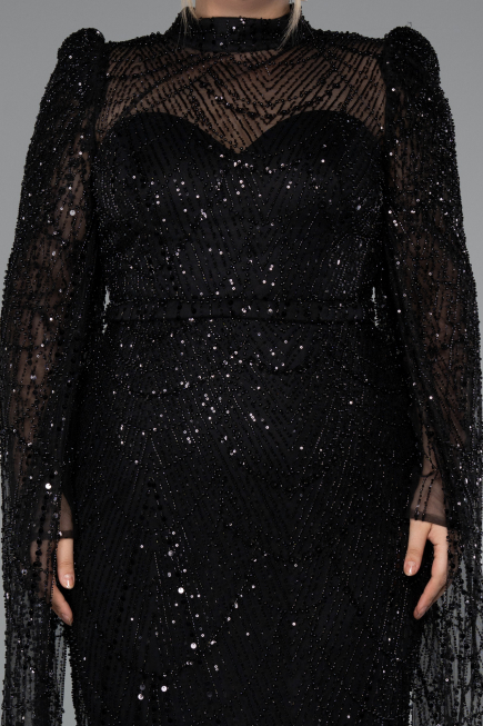 Abendkleid Lang Perlenbesetzt Schwarz ABU5152