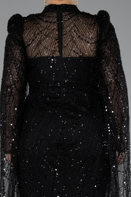 Abendkleid Lang Perlenbesetzt Schwarz ABU5152