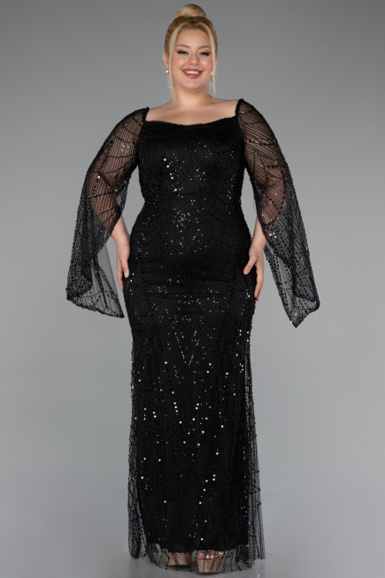 Abendkleid in Übergröße Lang Perlenbesetzt Schwarz ABU5067