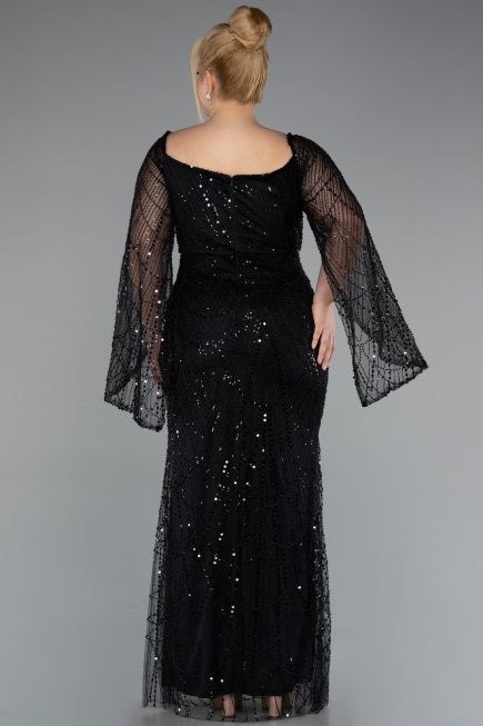 Abendkleid in Übergröße Lang Perlenbesetzt Schwarz ABU5067