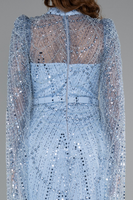 Abendkleid Lang Perlenbesetzt Eisblau ABU5152