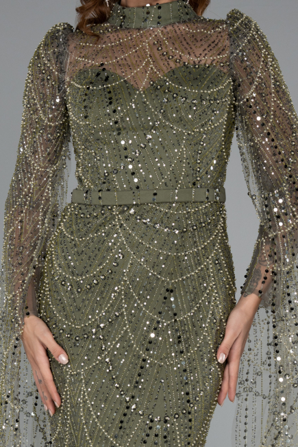 Abendkleid Lang Perlenbesetzt Khaki ABU5152