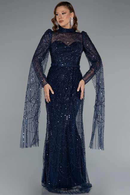Abendkleid Lang Perlenbesetzt Marineblau ABU5152