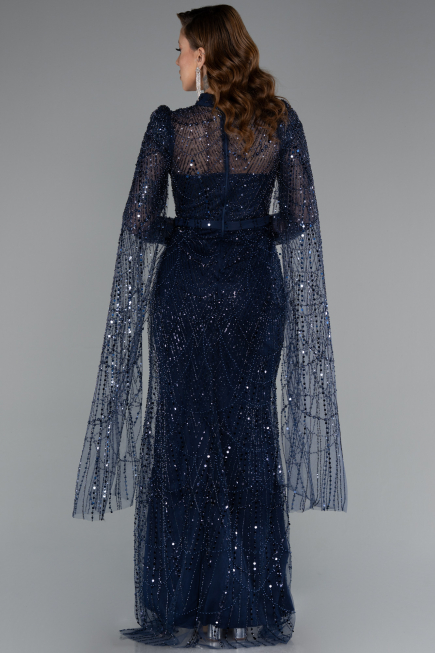 Abendkleid Lang Perlenbesetzt Marineblau ABU5152