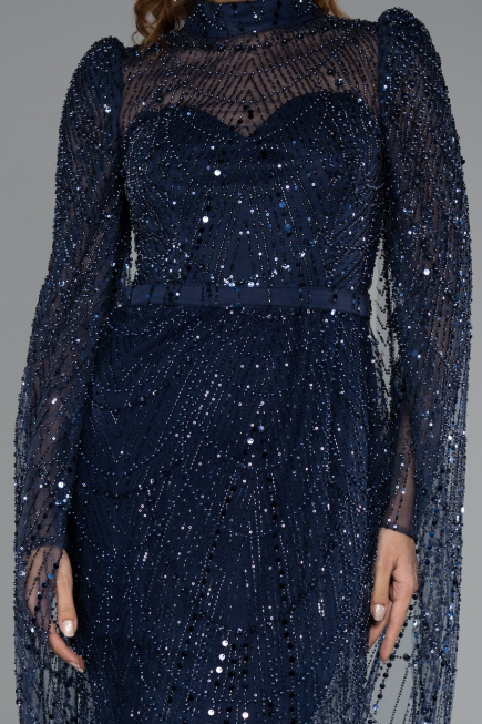 Abendkleid Lang Perlenbesetzt Marineblau ABU5152