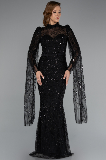 Abendkleid Lang Perlenbesetzt Schwarz ABU5152