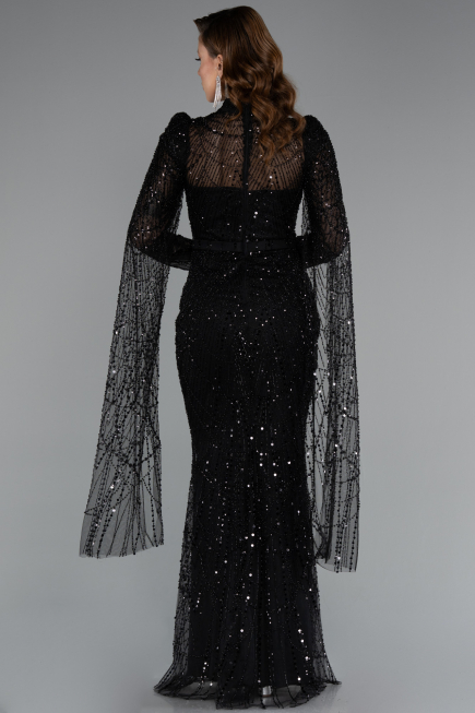 Abendkleid Lang Perlenbesetzt Schwarz ABU5152