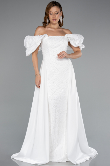 Abendkleid Lang Perlenbesetzt Weiß ABU5154