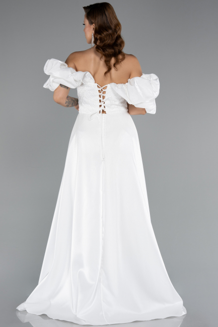 Abendkleid Lang Perlenbesetzt Weiß ABU5154