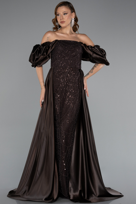 Abendkleid Lang Perlenbesetzt Braun ABU5154