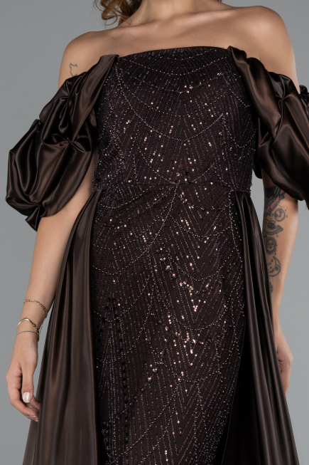 Abendkleid Lang Perlenbesetzt Braun ABU5154