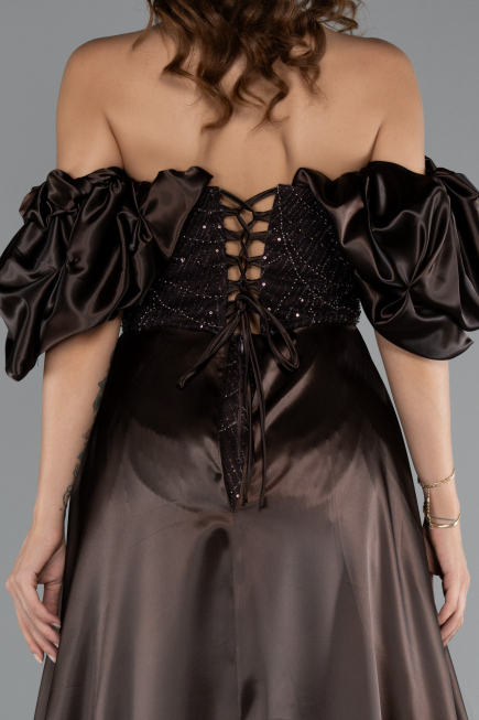 Abendkleid Lang Perlenbesetzt Braun ABU5154