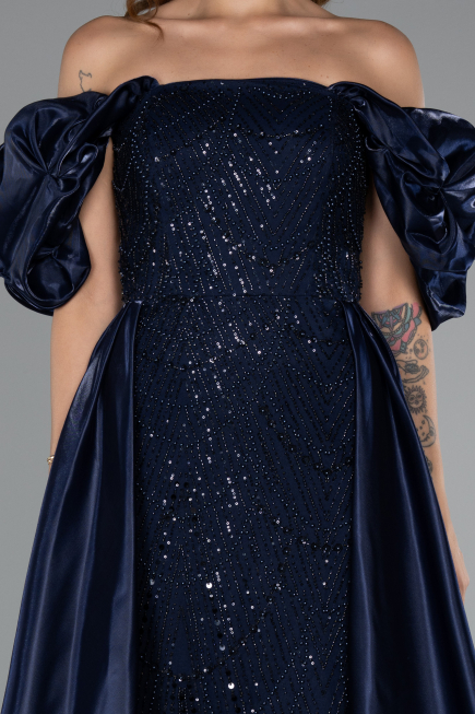 Abendkleid Lang Perlenbesetzt Marineblau ABU5154