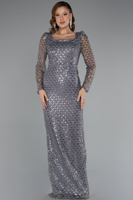 Abendkleid Lang Perlenbesetzt Grau ABU5165