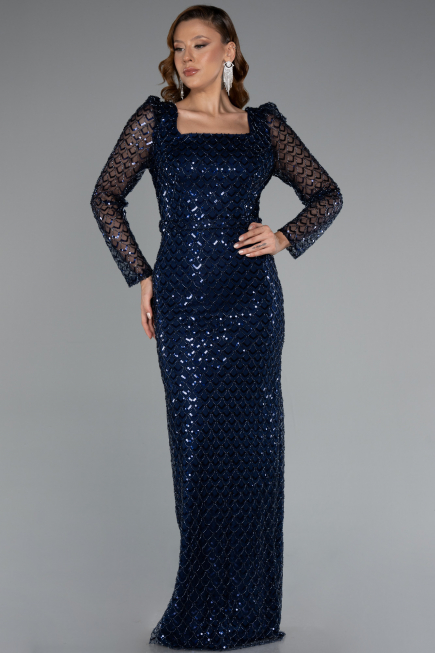 Abendkleid Lang Perlenbesetzt Marineblau ABU5165