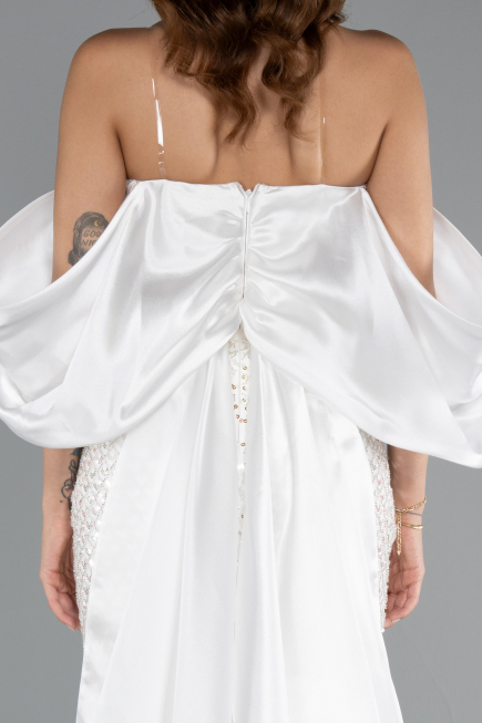 Abendkleid Lang Perlenbesetzt Weiß ABU5169
