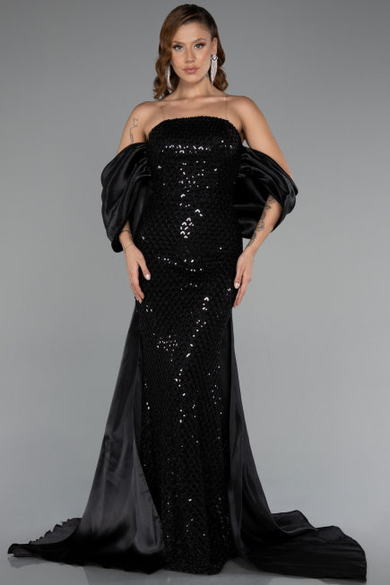 Abendkleid Lang Perlenbesetzt Schwarz ABU5169