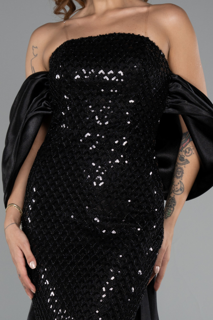 Abendkleid Lang Perlenbesetzt Schwarz ABU5169