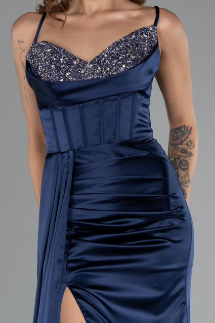 Abschlusskleid Lang Satin Marineblau ABU5171