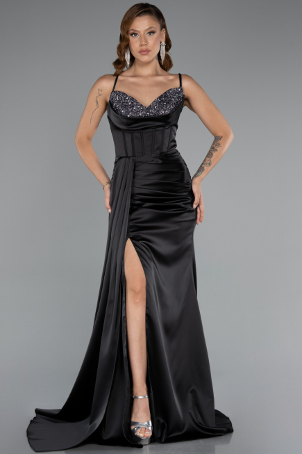 Abschlusskleid Lang Satin Schwarz ABU5171