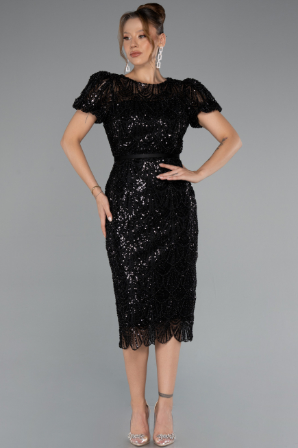 Partykleid Midi Perlenbesetzt Schwarz ABK2412