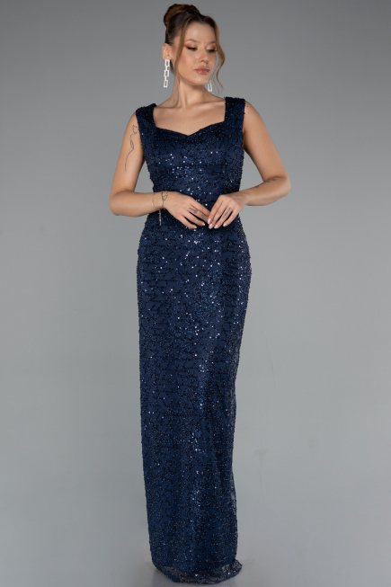 Abendkleid Lang Perlenbesetzt Marineblau ABU5187