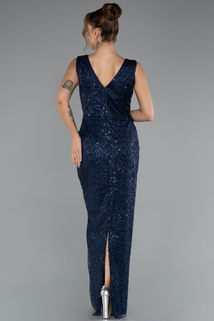 Abendkleid Lang Perlenbesetzt Marineblau ABU5187