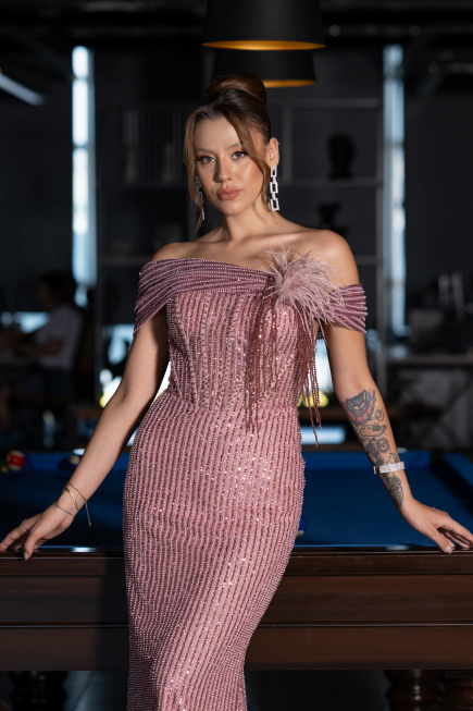 Abendkleid Lang Perlenbesetzt Puder ABU5183