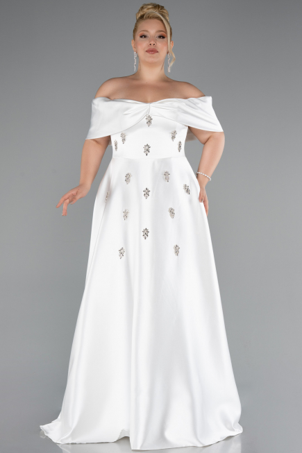 Weiß Abendkleid İn Übergröße Satin Lang ABU4998