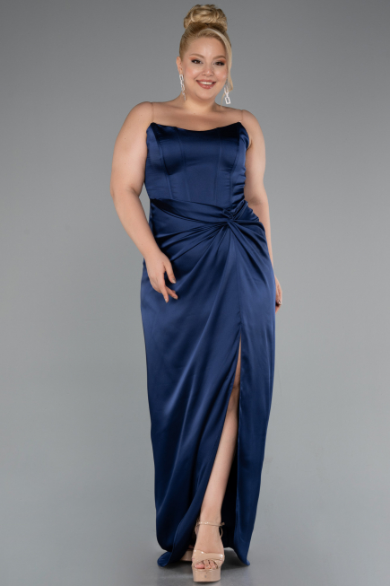 Abendkleid in Übergröße Lang Satin Marineblau ABU5179