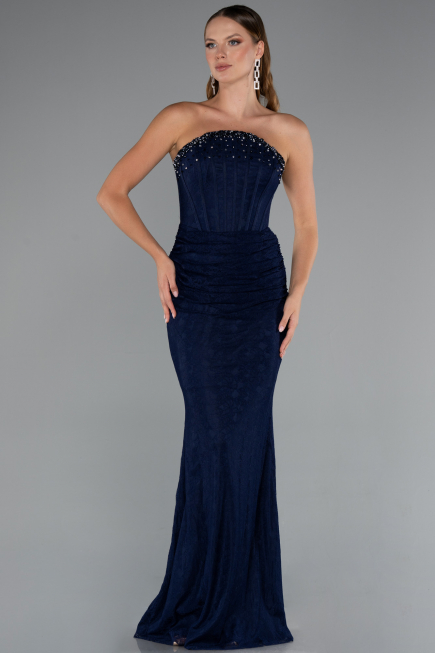 Abendkleid im Meerjungfrau-Stil Lang Spitze Marineblau ABU5215