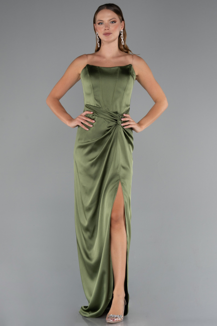 Khaki Abschlusskleid Satin Lang ABU3474