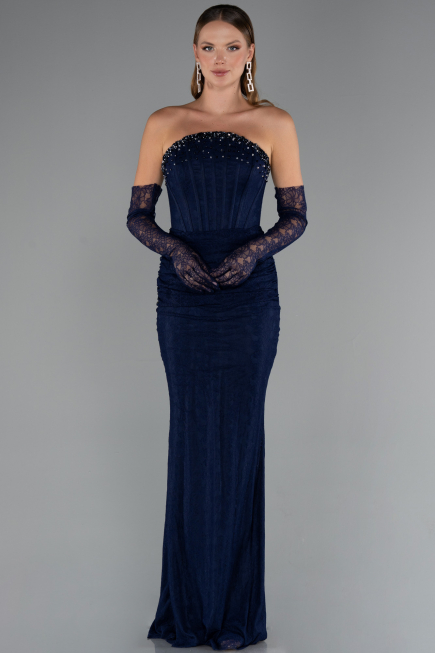 Abendkleid im Meerjungfrau-Stil Lang Spitze Marineblau ABU5215