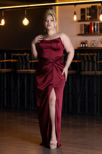 Abendkleid in Übergröße Lang Satin Weinrot ABU5179