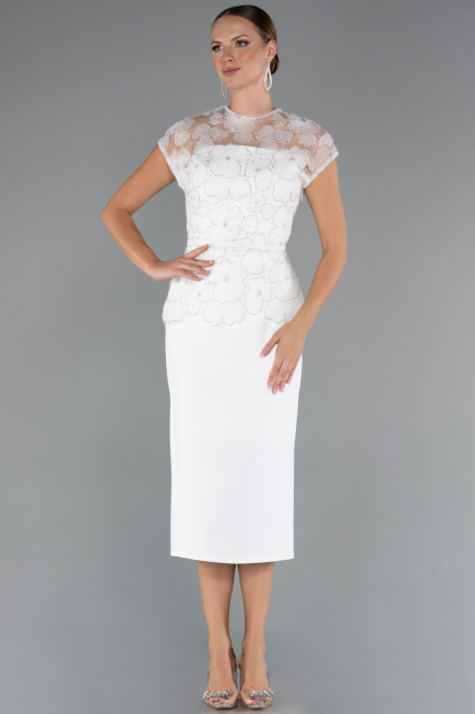 Abendkleid Midi Spitze Weiß ABK2427