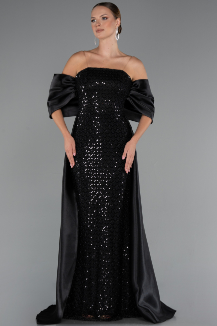 Abendkleid Lang Perlenbesetzt Schwarz ABU5234
