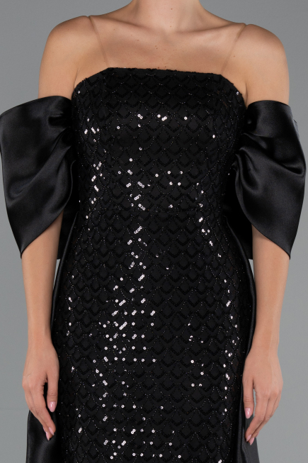 Abendkleid Lang Perlenbesetzt Schwarz ABU5234