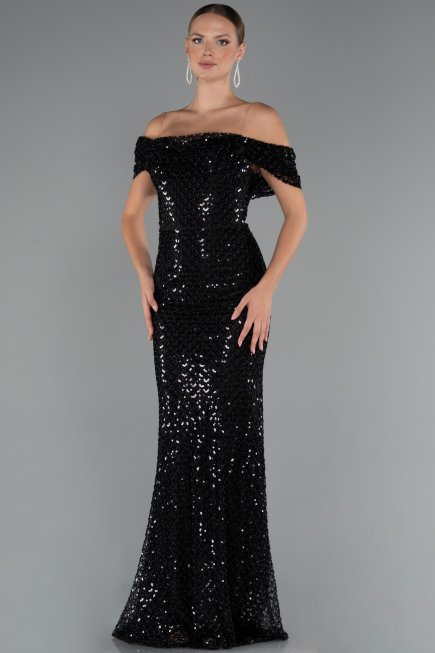 Abendkleid Lang Perlenbesetzt Schwarz ABU5239