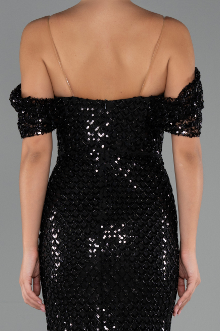 Abendkleid Lang Perlenbesetzt Schwarz ABU5239