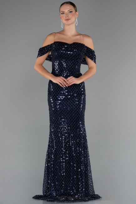 Abendkleid Lang Perlenbesetzt Marineblau ABU5239