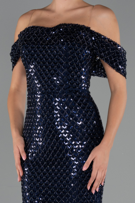 Abendkleid Lang Perlenbesetzt Marineblau ABU5239