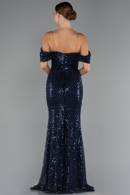 Abendkleid Lang Perlenbesetzt Marineblau ABU5239