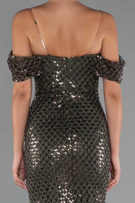 Abendkleid Lang Perlenbesetzt Khaki ABU5239